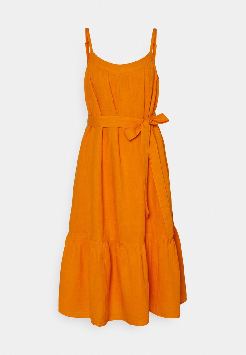 Orangenes Leinenkleid mit verstellbaren Spaghettiträgern, lockerer Passform, gerafftem Oberteil, Bindegürtel und gestuftem Volantsaum.
