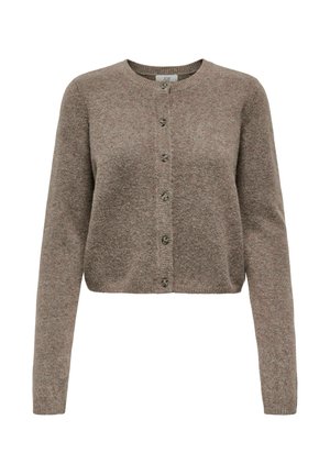 Hnědý zkrácený kardigan vyrobený z měkkého pleteného materiálu, který má kulatý výstřih, dlouhé rukávy a šest předních knoflíků s texturovaným povrchem.