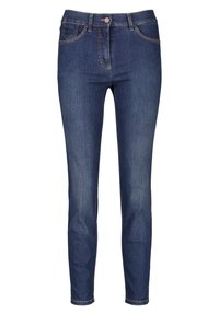 Tmavě modré skinny džíny z denimu s vybledlými akcenty, designem s pěti kapsami, zapínáním na knoflík a hladkou texturou.