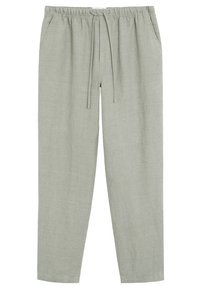 Lichtgroene linnen broek met een ontspannen pasvorm, elastische tailleband, trekkoord en zijzakken. Soepele textuur met een licht gegolfde uitstraling.
