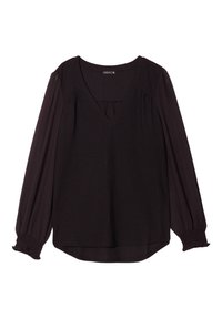 Blouse noire avec un col en V, un corps texturé et des manches longues transparentes avec des poignets froncés. Ourlet lisse avec une coupe décontractée.