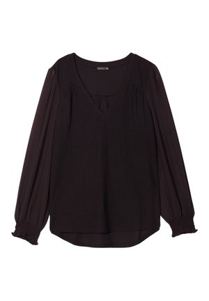 Blouse noire avec un col en V, un corps texturé et des manches longues transparentes avec des poignets froncés. Ourlet lisse avec une coupe décontractée.