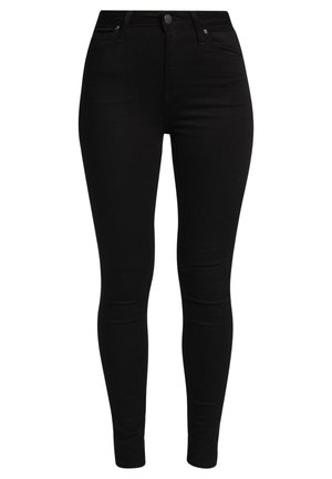 Jeans neri skinny in denim elasticizzato. Presentano cinque tasche, chiusura frontale con zip e bottone, e una texture liscia e leggermente lucida.