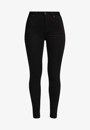 Jeans neri skinny in denim elasticizzato. Presentano cinque tasche, chiusura frontale con zip e bottone, e una texture liscia e leggermente lucida.