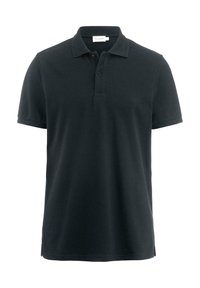 Black polo shirt made of soft fabric with a classic collar, three-button placket, short sleeves, and side slits for ease of movement.
