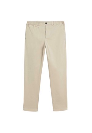Beige Baumwollhosen mit elastischem Bund, Knopfverschluss, geradem Bein-Design und standardmäßigen Taschen an den Seiten und hinten.