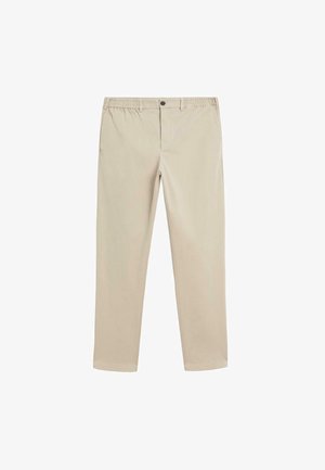 Beige katoenen broeken met een elastische tailleband, knoopsluiting, rechte pijpen en standaardzakken aan de zijkanten en achterzijde.