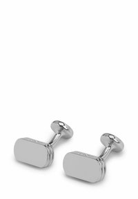 Para srebrnych spinki do mankietów o wydłużonym prostokątnym kształcie, gładkiej powierzchni i zaokrąglonym mocowaniu na sztyfcie, z subtelnymi poziomymi rowkami.