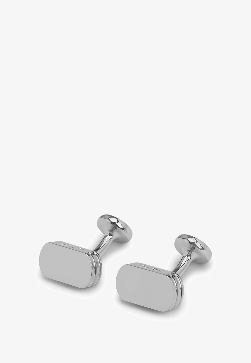 Para srebrnych spinki do mankietów o wydłużonym prostokątnym kształcie, gładkiej powierzchni i zaokrąglonym mocowaniu na sztyfcie, z subtelnymi poziomymi rowkami.