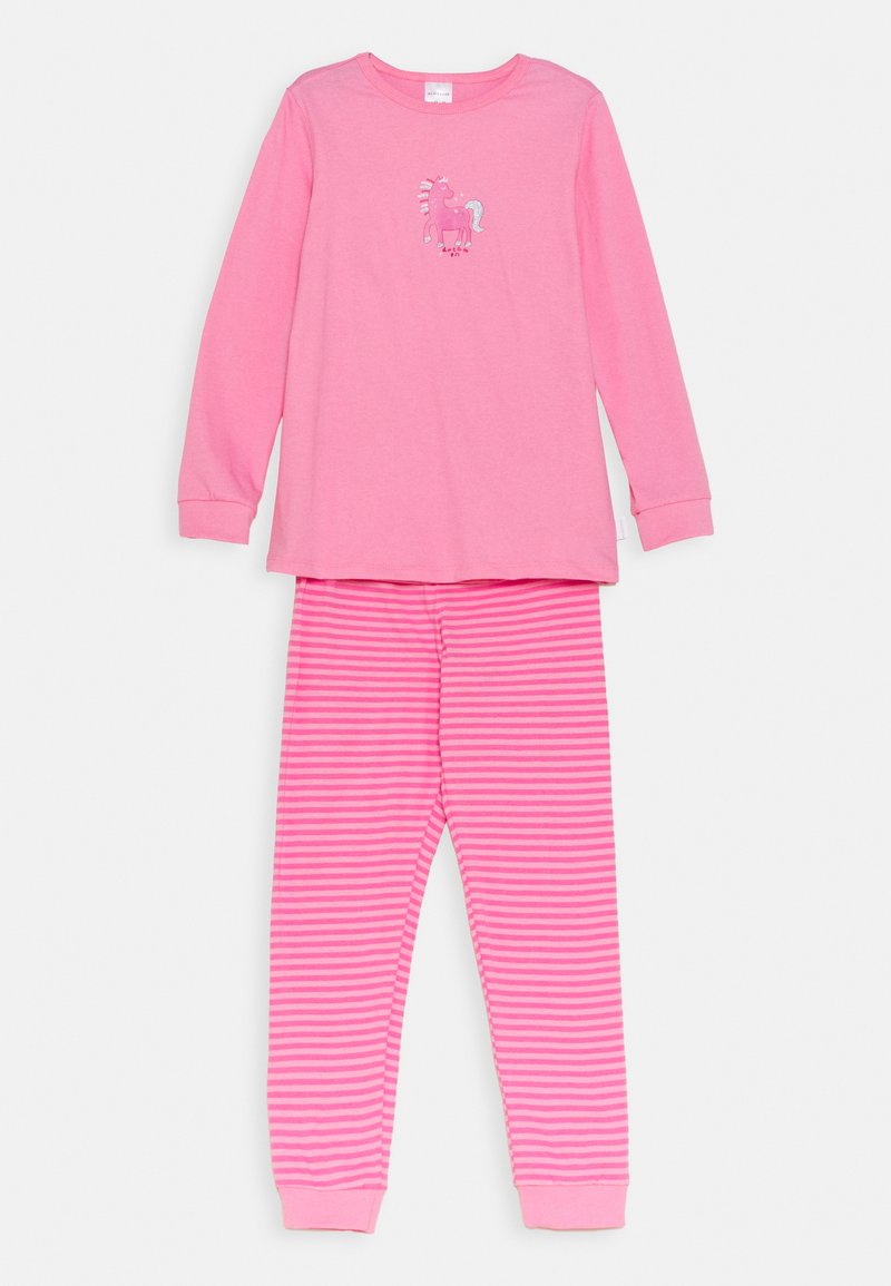 Pink long-sleeve pajama top with a unicorn graphic, paired with pink striped pants featuring an elastic waistband and fitted cuffs.