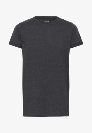 Dark gray short-sleeve t-shirt made of soft fabric, featuring a round neckline and a small accent detail at the hem.