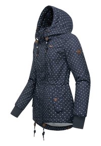 Veste navy à pois avec capuche, dotée de cordons de serrage, de deux poches avant et de poignets côtelés, fabriquée en tissu lisse et résistant aux intempéries.
