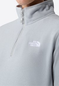 Sudadera de forro polar gris claro con cuello de media cremallera. Presenta un logotipo bordado en blanco en el pecho y una textura suave y lisa.