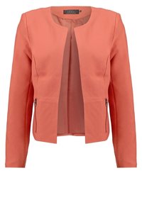 Blazer corail avec un col rond, des manches longues, deux fermetures éclair sur les côtés et un tissu lisse et texturé. Conception à ouverture frontale sans fermeture.