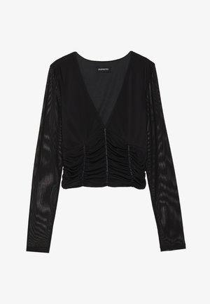 Black long-sleeve top made of stretchy fabric; features a V-neck, gathered front panel, and sheer sleeves with a smooth texture.