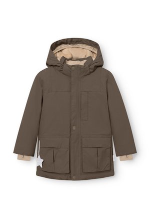 Braune Parkajacke mit Kapuze, beigem Futter, vorderem Druckknopfverschluss, zwei großen Fronttaschen und einem sternförmigen Etikett an der Seite.