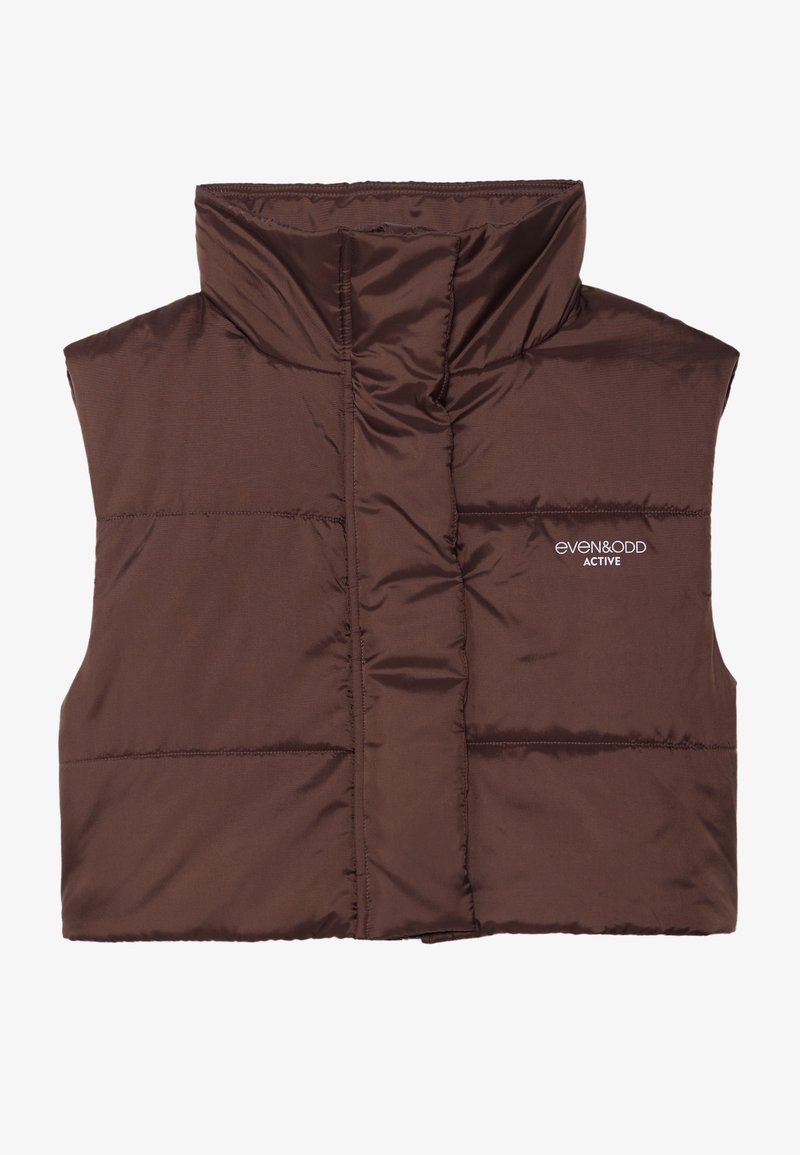 Veste matelassée sans manches marron avec col haut et logo blanc "even&odd active" sur la poitrine gauche, sur fond blanc.