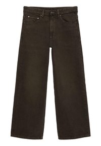 Braune Jeans mit weitem Bein, vorne mit Taschen, Gürtelschlaufen, Knopf- und Reißverschluss.
