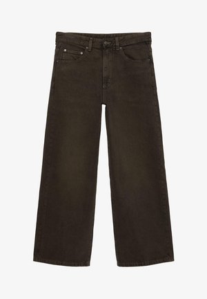 Hnědé džínové široké kalhoty s předními kapsami, poutky na pásek, knoflíkem a zapínáním na zip.