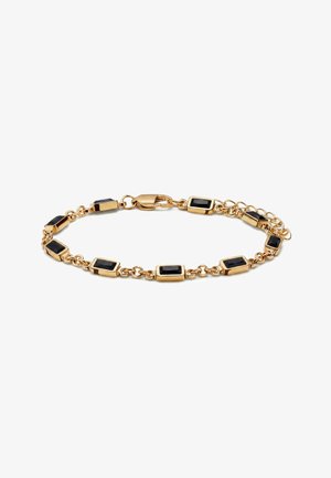 Goldenes Armband mit verbundenen rechteckigen schwarzen Steinen und Karabinerverschluss auf weißem Hintergrund.