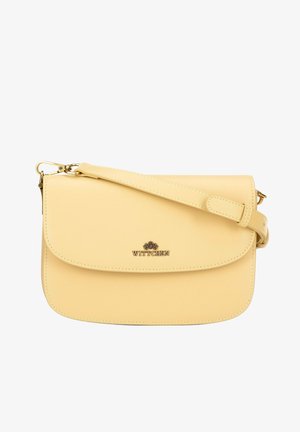 Sac bandoulière en cuir couleur crème avec un rabat et une bandoulière réglable, doté d'un logo WITTCHEN doré et d'accents métalliques.