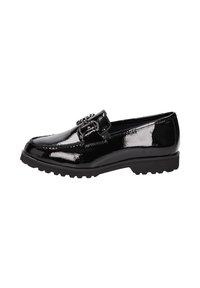 Black patent leather loafers with a moccasin design, featuring decorative hardware and a textured rubber sole for traction.