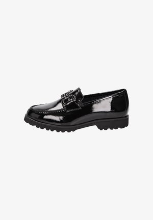 Schwarze Lacklederslipper im Mokassin-Design mit dekorativen Beschlägen und einer strukturierten Gummisohle für guten Halt.