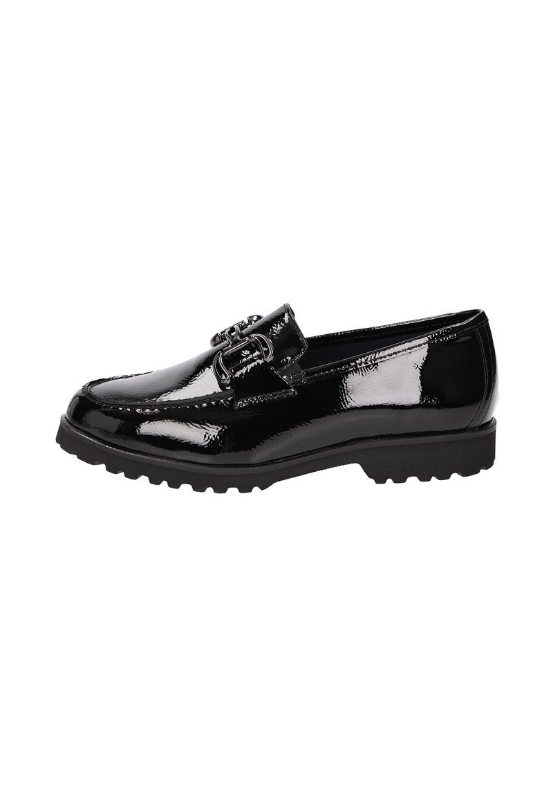 Black patent leather loafers with a moccasin design, featuring decorative hardware and a textured rubber sole for traction.