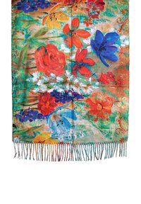 Sciarpa floreale multicolore con fiori brillanti arancioni, blu e viola su uno sfondo verde e marrone; rifinita con bordi frangiati.