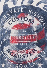 Blauw-witte graphic T-shirt met een versleten print en rode accenten. Het ontwerp omvat "Interstate Highway," sterren en motorthema's.