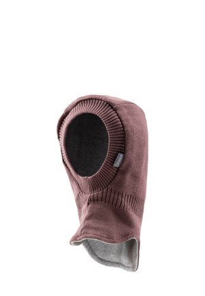 Gestrickte Balaklava in gedämpftem Mauve mit einem gerippten Muster. Mit offenem Gesicht und einem grauen Innenfutter, entworfen für Wärme und Komfort.