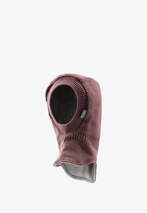 Knitted balaclava in muted mauve with a ribbed texture. Features an open face and a grey inner lining, designed for warmth and comfort.