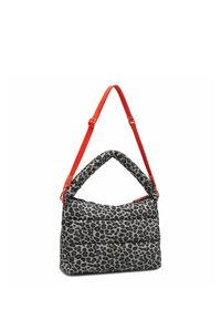 Gestepptes Handtasche mit Leopardenmuster, gepolstertem Griff oben und verstellbarem, leuchtend orangem Schulterriemen, rechteckige Form, Reißverschluss.