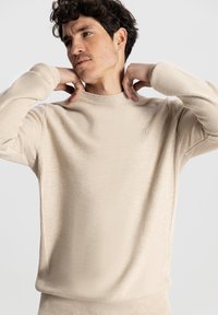 Lys beige strikket genser med et teksturert mønster, kort mock neck og en liten logo på brystet. Ermene er litt løstsittende.