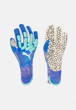 Mehrfarbige Handschuhe mit einem blauen und grünen strukturierten Stoff und einer gesprenkelten cremefarbenen Handfläche. Bemerkenswerte Griffelemente in lebhaften Farben.