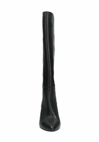 Knee-high zwarte leren stiletto laars met een spitse neus, gladde textuur en minimalistisch ontwerp. Geen zichtbare hardware of accenten.