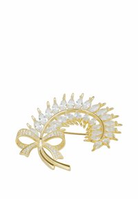 Spilla in tono dorato a forma di nastro, decorata con cristalli taglio marquise trasparenti e un dettaglio a fiocco, con una finitura liscia e lucida.