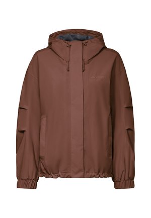 Giacca impermeabile marrone con cappuccio, cerniera frontale, coulisse sul cappuccio, polsini elastici e due tasche laterali.