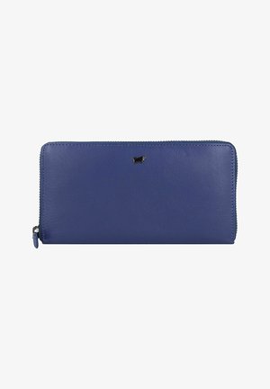 Blue leather wallet with a zip closure, featuring a small black accent logo on the front, rectangular shape, and smooth texture.