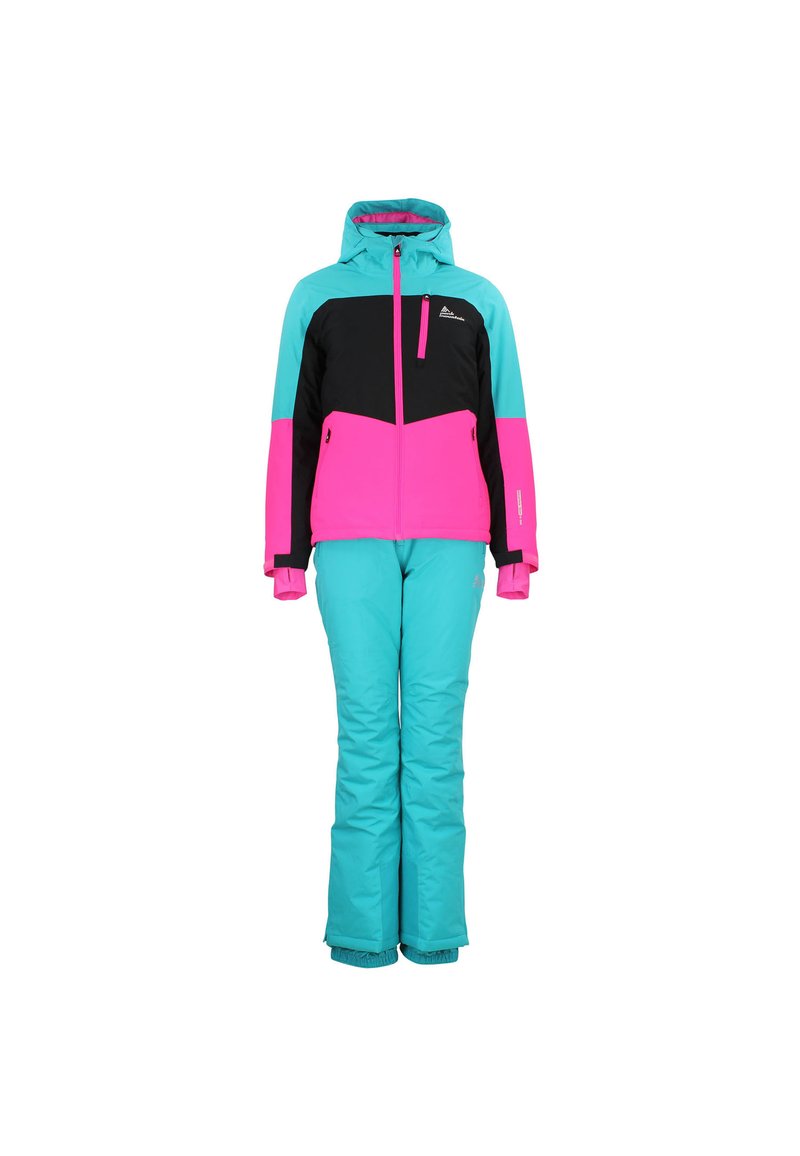 Mono de esquí con un diseño de bloques de color turquesa y negro y detalles en rosa; chaqueta con capucha y cierre de cremallera, y pantalones de esquí aislantes.