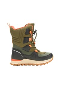 Grüne und schwarze isolierte Stiefel mit orangefarbenen Akzenten, Obermaterial aus strukturiertem Gewebe, Schnürsenkel und Gummisohle mit einem groben Profil.