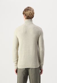 Maglione lavorato a maglia di un beige chiaro con colletto alto, polsini e orlo a coste. Motivo testurizzato su tutta la superficie, design aderente, indossato su pantaloni oliva.