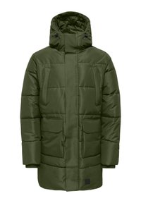 Zelena podložena jakna s visokim ovratnikom, zadrgo spredaj, dvema velikima sprednjima žepoma in elastičnimi manšetami. Gladka tekstura, brez vidnih vzorcev.