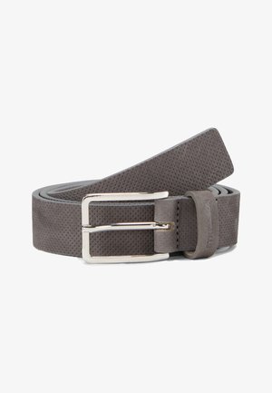 Gray perforated leather belt with a silver metal buckle and a stitched accent. Adjustable length with a smooth finish.