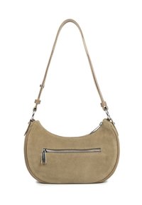 Borsa a tracolla in suede khaki con forma curva, tasca frontale con zip in tonalità argento e tracolla in pelle regolabile. Texture liscia con hardware minimale.