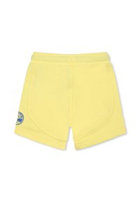 Gele katoenen shorts met een elastische tailleband, zijzakken en een blauw boomlogo op het linkerpoot. Glad materiaal, casual ontwerp.