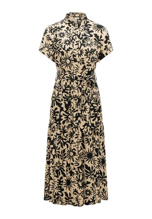 Vestito midi beige con motivi astratti neri di sole e foglie, maniche corte, chiusura con bottoni sul davanti e cintura in vita annodata.