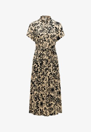 Beige midi-kjole med svarte abstrakte sol- og løvmønstre, korte ermer, knappestolpe foran og et knyttet midjebelte.