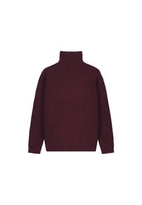 Burgunderfarbener Strickpullover mit hohem Kragen, lockerer Passform und gerippter Textur. Verfügt über lange Ärmel und einen geraden Saum in der Taille.