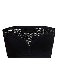 Svart bandeau-bh utan axelband med ett strukturerat spetsöverdrag upptill, böjda sömmar och en slät tygbas.